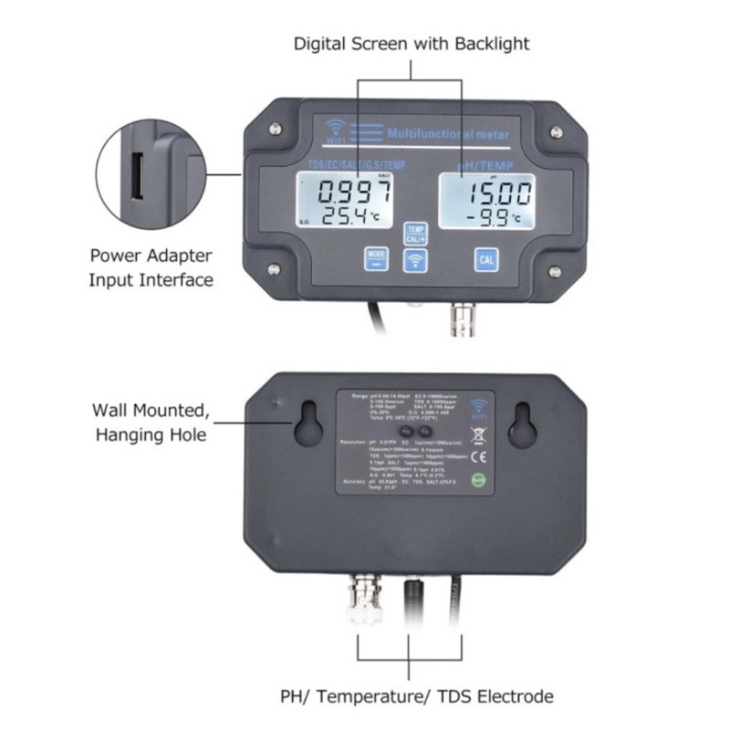 Smart WiFi Tuya 6in1 PH EC TDS Salinity S.G Temperature Meter W3988