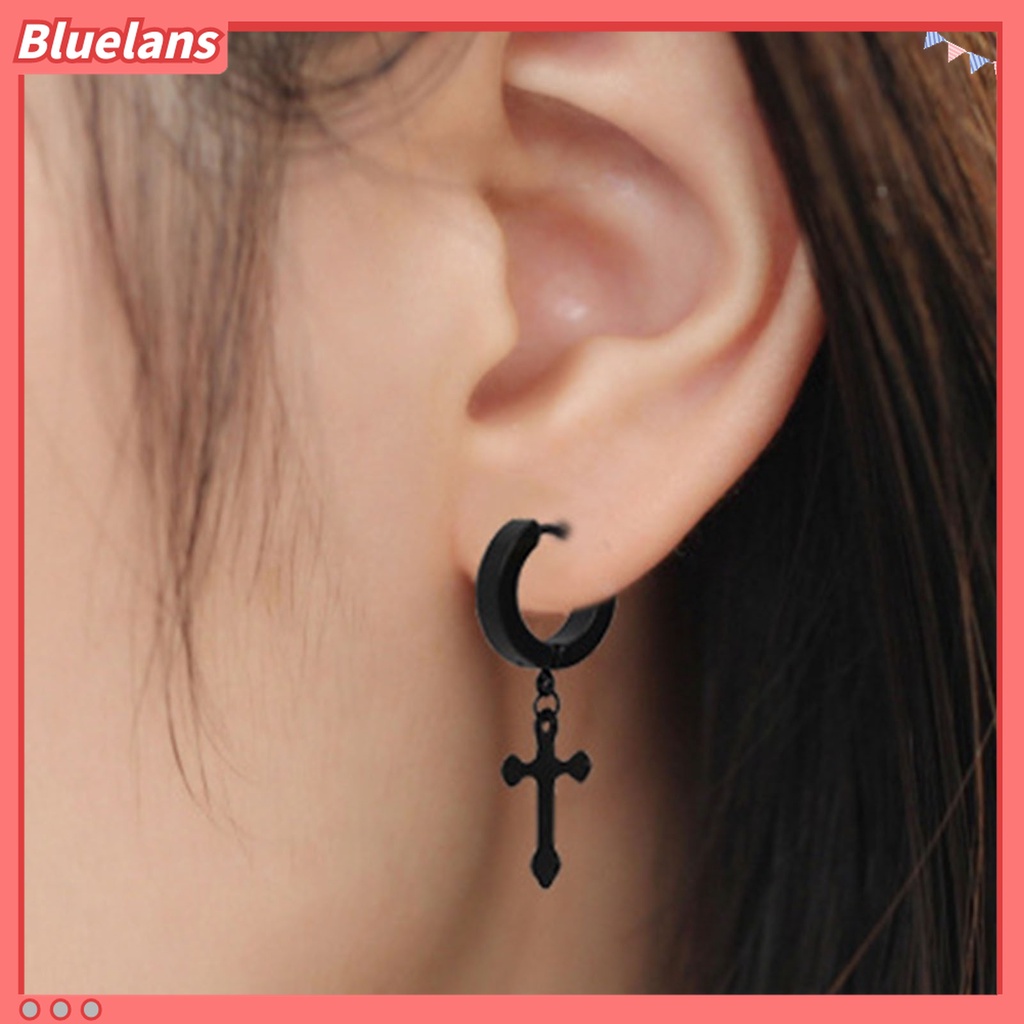 1 Pasang Anting Hoop Liontin Salib Menjuntai Bahan Titanium Steel Tahan Lama Untuk Pria Dan Wanita