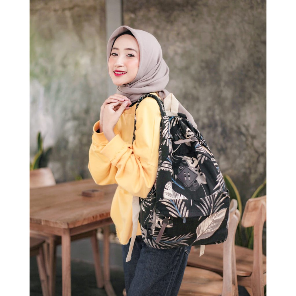 BACKPACK DAUN HITAM // taskanvasbdg - tas kanvas - tas ransel wanita - tas gendong wanita