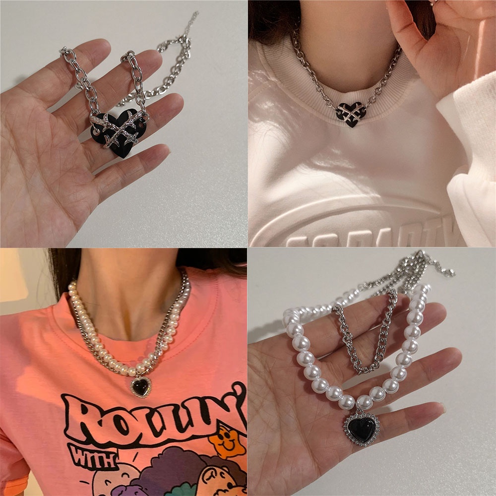 YEEZII Kalung Rantai Choker Multilayer Dengan Liontin Mutiara Bentuk Hati Warna Silver Untuk Wanita