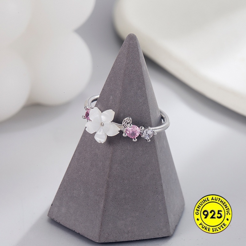 Cincin S925 Silver Bentuk Bunga Sakura Aksen Berlian Untuk Wanita