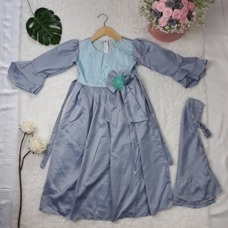 baju pesta anak perempuan / gaun muslim anak perempuan/ dresss muslim satin