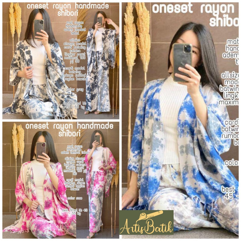 ONE SET RAYON HANDMADE SHIBORI OCEAN PREMIUM TYEDYE RAYON TYE DYE JUMPUTAN SETELAN CELANA CARDI