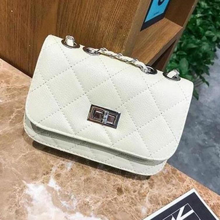 {CK.21My22ᴮ} Mini Tas Selempang Putih Cream Ukuran Kecil Bahan Kulit PU dengan Tali Rantai harga mur