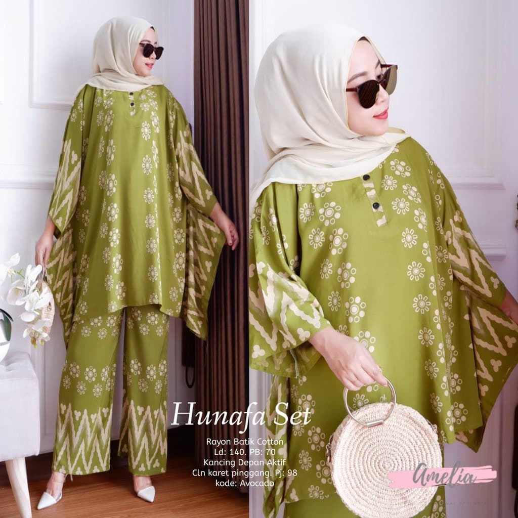 One Set Hunafa - One Set Jumbo Rayon Tie Dye Premium Waka Waka Setelan Wanita Celana Panjang Set Bigsize LD 140 cm