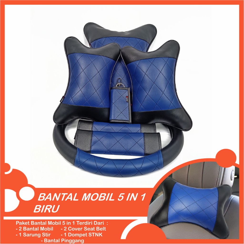 Set Bantal Mobil 5 in 1 Premium Bantal Leher Bantal Pinggang Cover Stir Seatbelt Free Dompet STNK