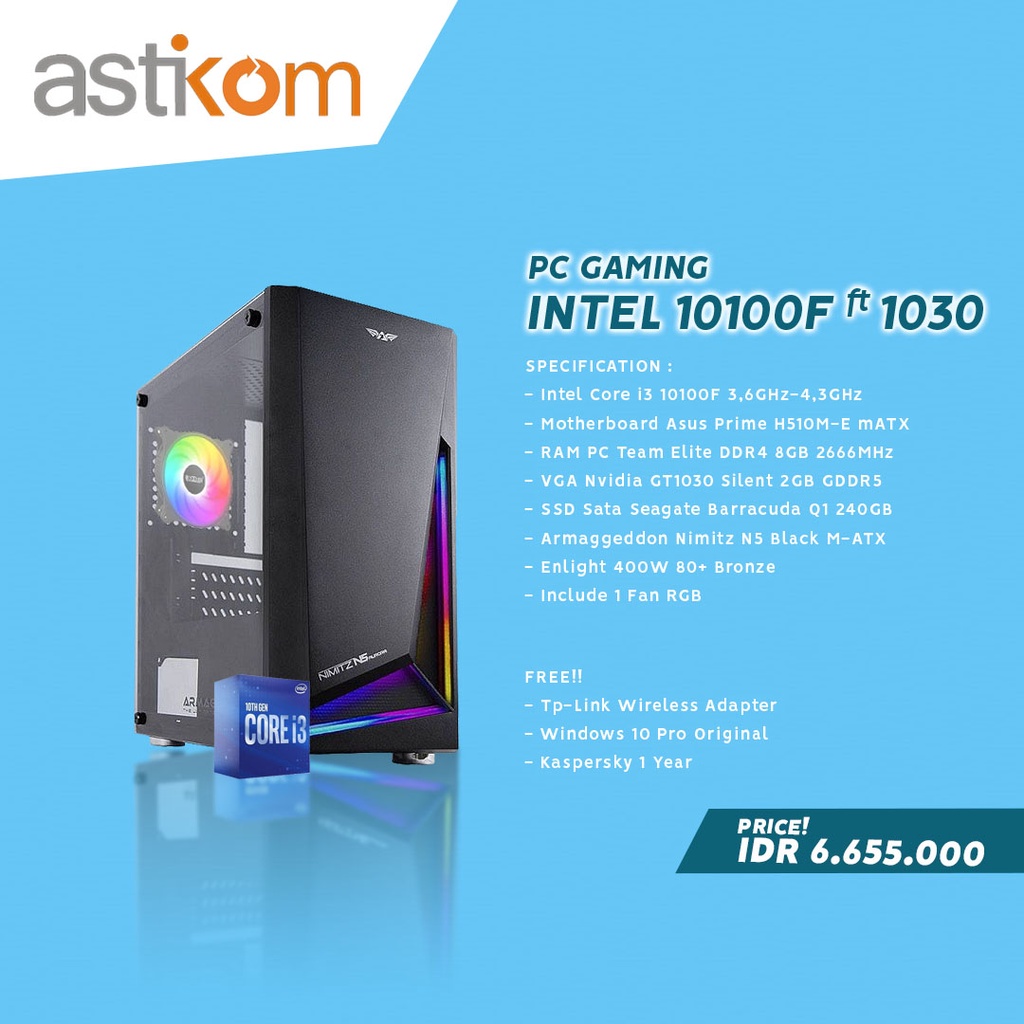 Paket PC Gaming Intel i3 10100F GT1030 Komputer Gaming