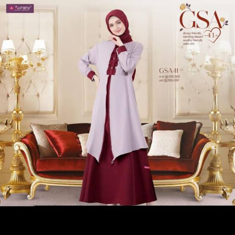 Set gamis syari keren modern, bahan adem nyaman dipakai, warna ceria, Aurany GSA 41