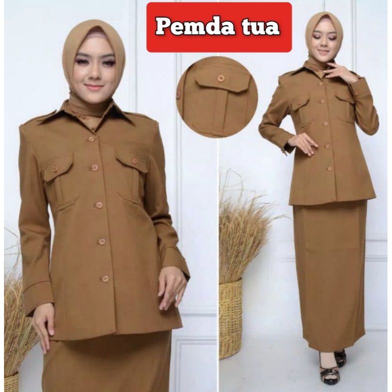 Blazer Pemda Model Pangkat-Setelan Rok dan Celana PNS Baju Dinas PDH Khaki Tua || Seragam PNS Wanita