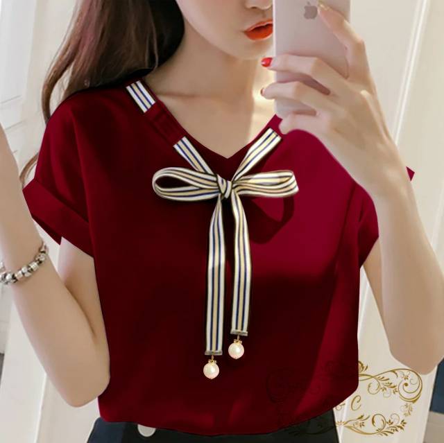 BISA COD - BLOUSE LAURA Blouse Korean Style Wanita Remaja Atasan Kaos Blouse Wanita Dewasa Lengan Pendek Bahan Balotelly-5