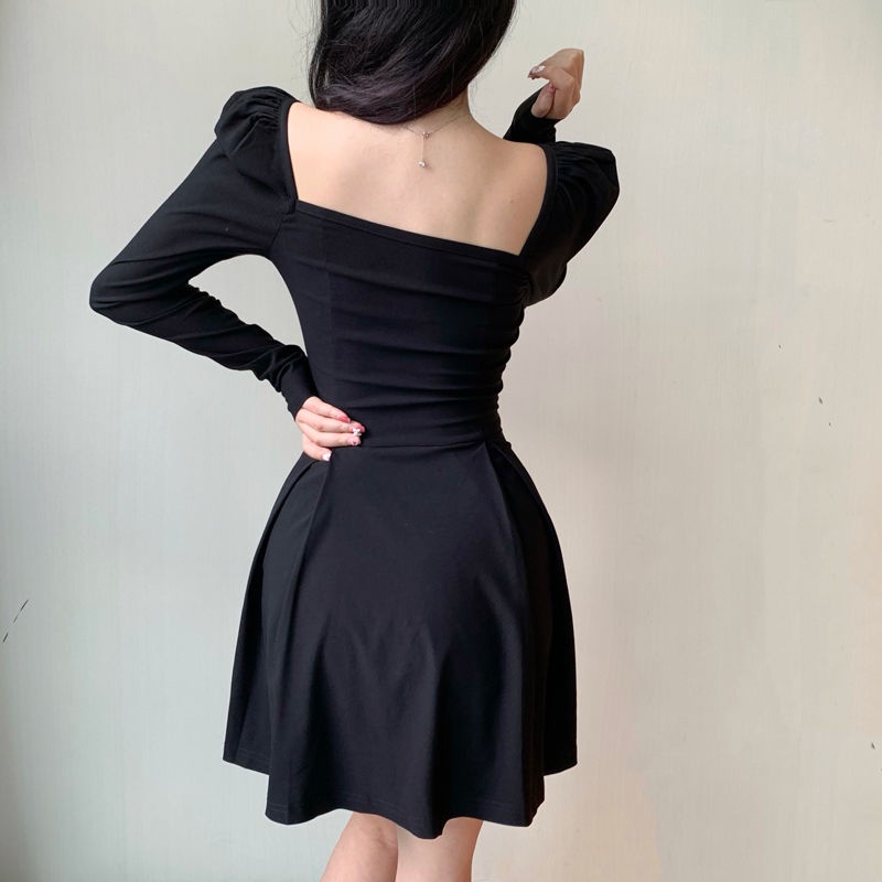 dress korean style french puff sleeve dress square neck waist perban little black dress princess dre