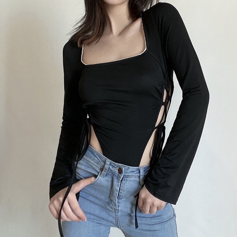 impor BIIKPIIK Eropa dan Amerika kerah persegi hitam lengan panjang top wanita strappy sexy waistles