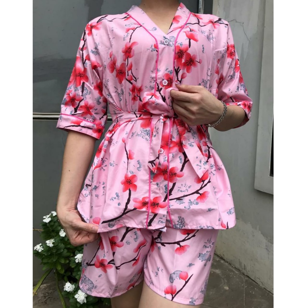 BAJU TIDUR WANITA / PIYAMA WANITA SETELAN KIMONO HOTPANTS MOTIF KEKINIAN