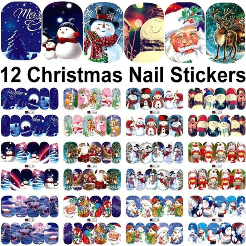 12 Lembar Stiker Kuku Desain Santa Snowman Snowflakes Untuk Natal