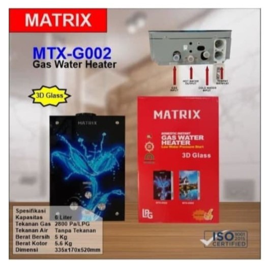 Matrix Water Heater Gas 6L Digital Suhu 3D Glass Design G-002 G002