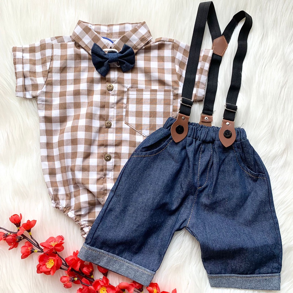 Baju setelan 0-8 bulan suspander tuxedo lucu bestseller anak bayi cowok laki murah -min