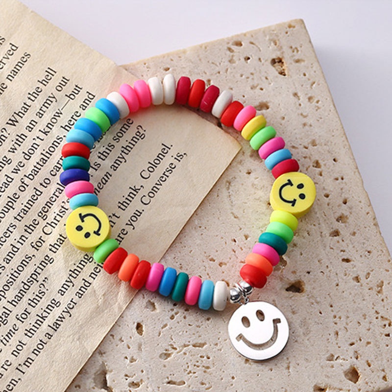 Gelang Tangan Manik-Manik Stretch Aksen Smiley Face Warna Pelangi Untuk Wanita