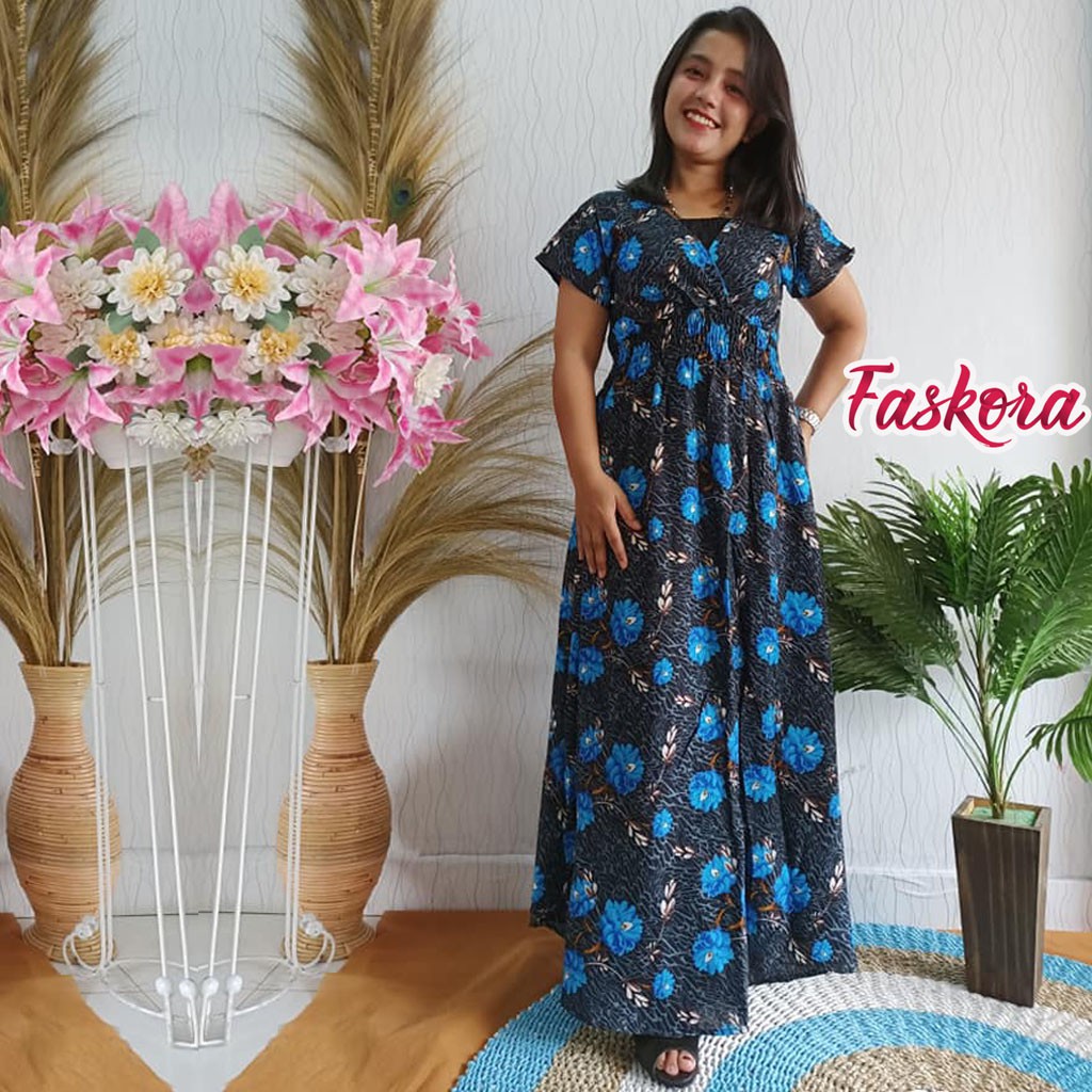 Long dress Jumbo Lengan Pendek Mawar - Dress Bali Panjang Polos Tiedye Murah Terbaru