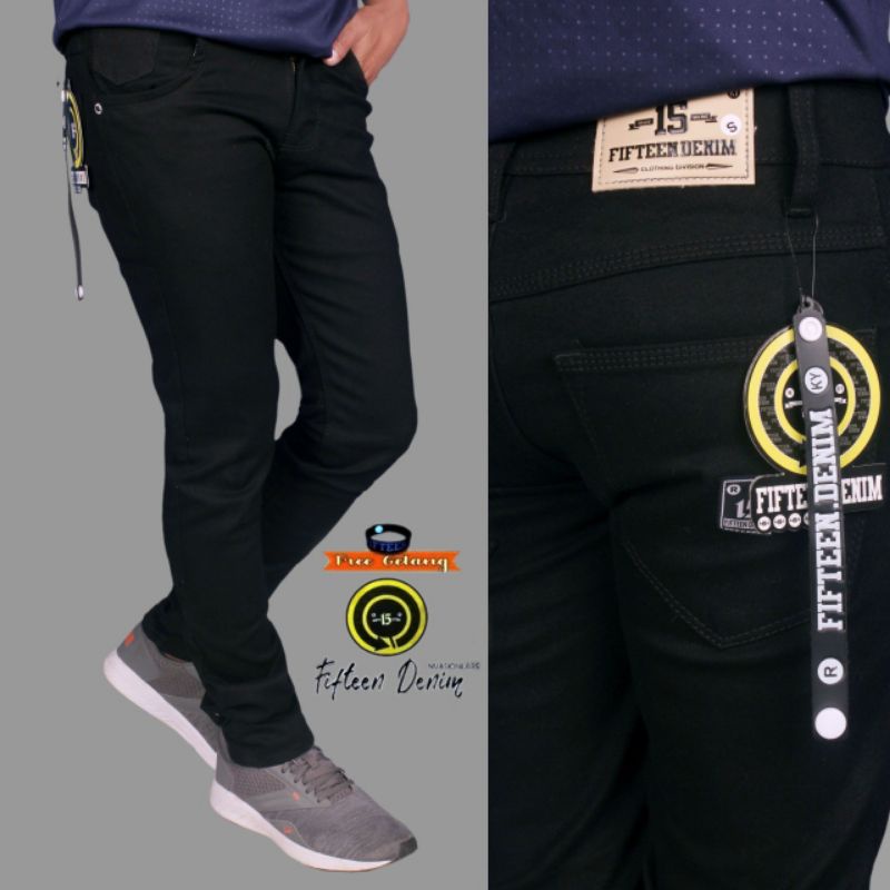 Celana Pria Jeans Premium Original Fifteen Denim Plain Black Jeans Strech Karet Ngaret