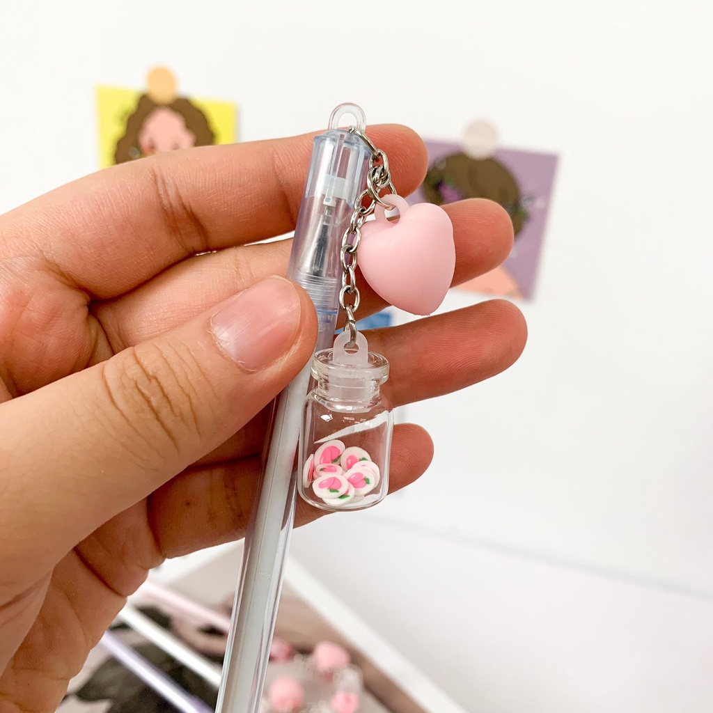 Pulpen Gantungan Buah Peach Love Pink Pen Gantungan Botol Kaca Peach ballpen pena lucu imut unik by MANDI CANTIK-5