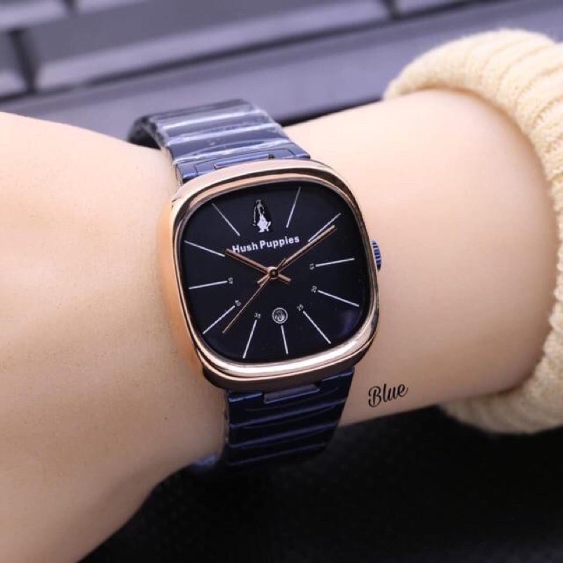 (GOOD QUALITY) Jam Tangan Wanita/Cewek Hush Puppies Segi Full Stainless Tanggal Aktif-G (BLUE-ROSEGOLD)