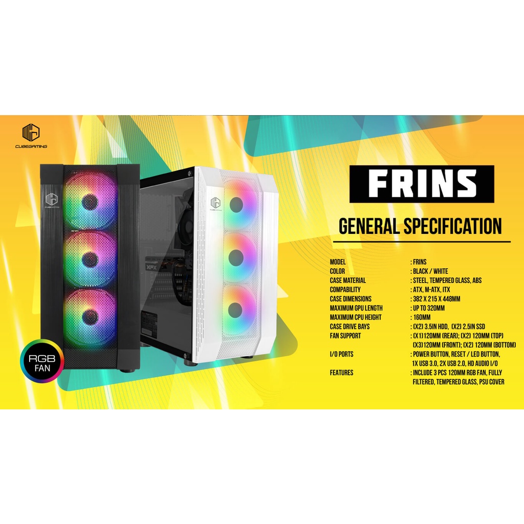 Cube Gaming Frins Black / White + 3 Fan RGB Casing PC Gaming