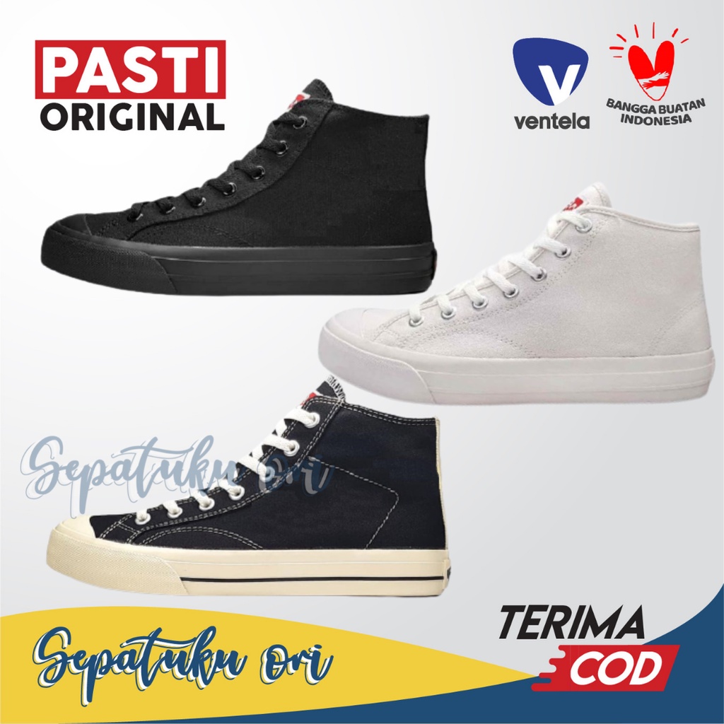 Sepatu Sekolah Ventela Basic High All Black Natural Full White | Sneakers Casual Pria Wanita Hitam P