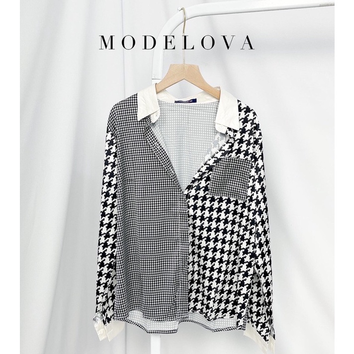 MDLV ~ 2390# Josetta Hidden Button Shirt Premium Import Kemeja Houndstooth Fashion Import