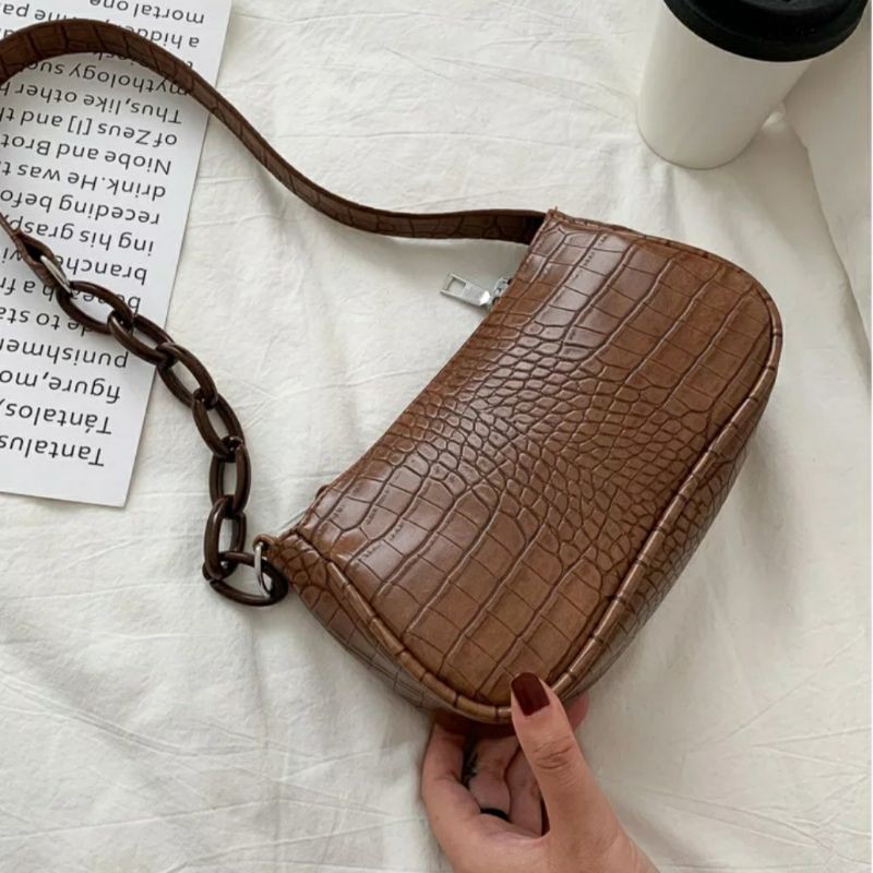 dem_sare / DS1057 - ZELIN CROCO RANTAI CRT Tas shoulder bag wanita vintage croco rantai fashion bags-Coklat