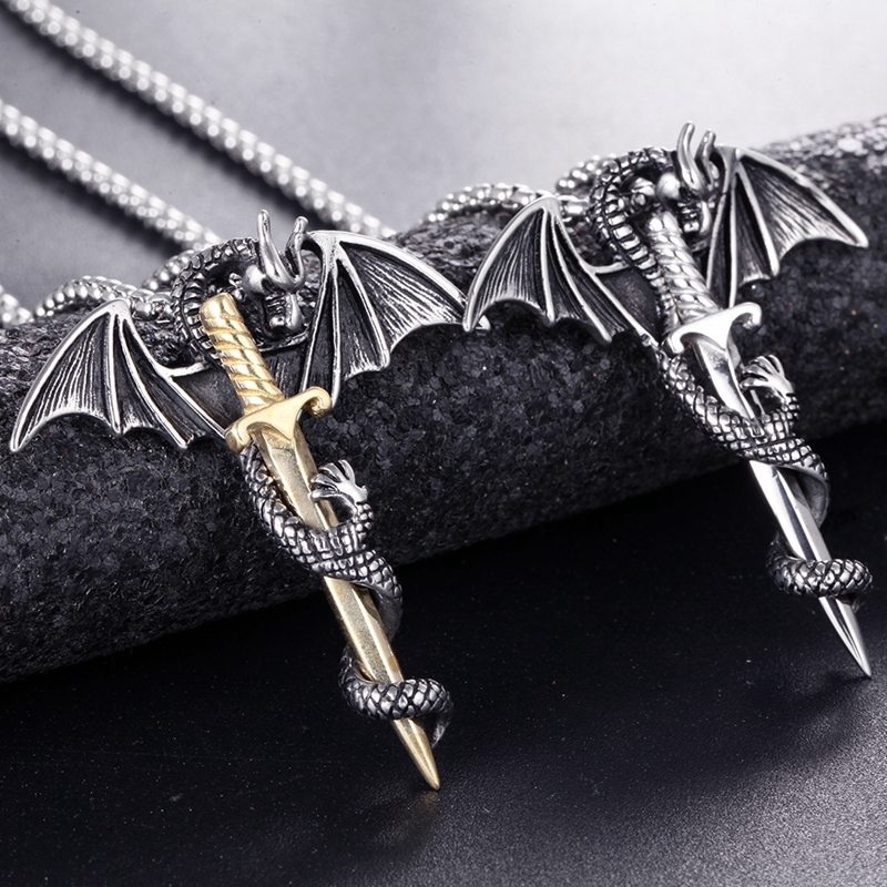 Pria Mode Vintage 316L Stainless Steel Suku Gothic Pterosaurus Pedang Naga Palang Pendant Biker Punk Kalung