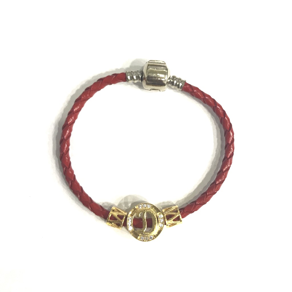 Gelang Tali Kulit Set Liontin Huruf D Bulat (Emas Asli Kadar 875)