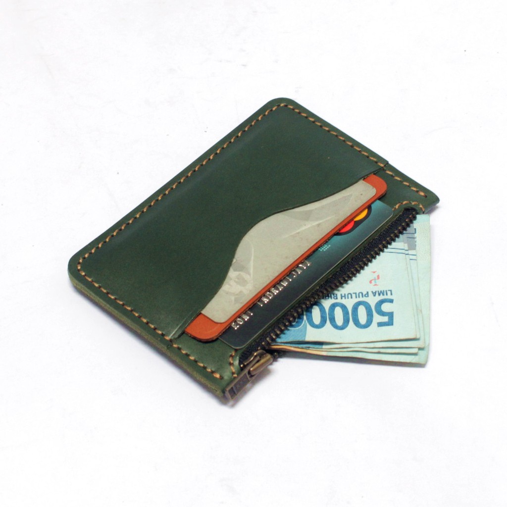 dompet kartu zipper resleting kulit asli hijau tan - PHWL688