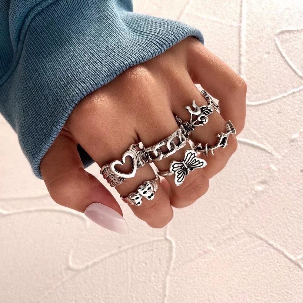 【COD Tangding】6pcs / Set Cincin Silver Joint Model Kupu-Kupu Hati Gaya Retro Kuno Untuk Aksesoris Perhiasan