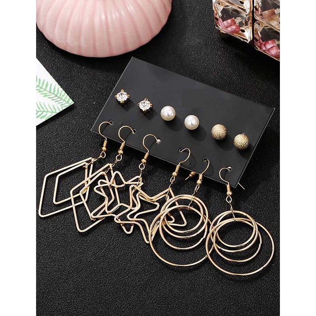 LRC Anting Set Fashion Gold Pearl Leaf Geometric Earring Set F88405