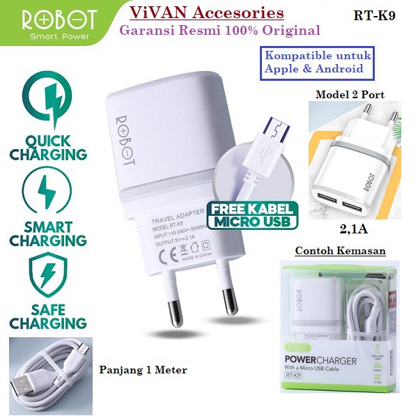 Robot Charger RT-K9 12W Dual Port 2,1A Adaptor + Micro USB Cable kabel