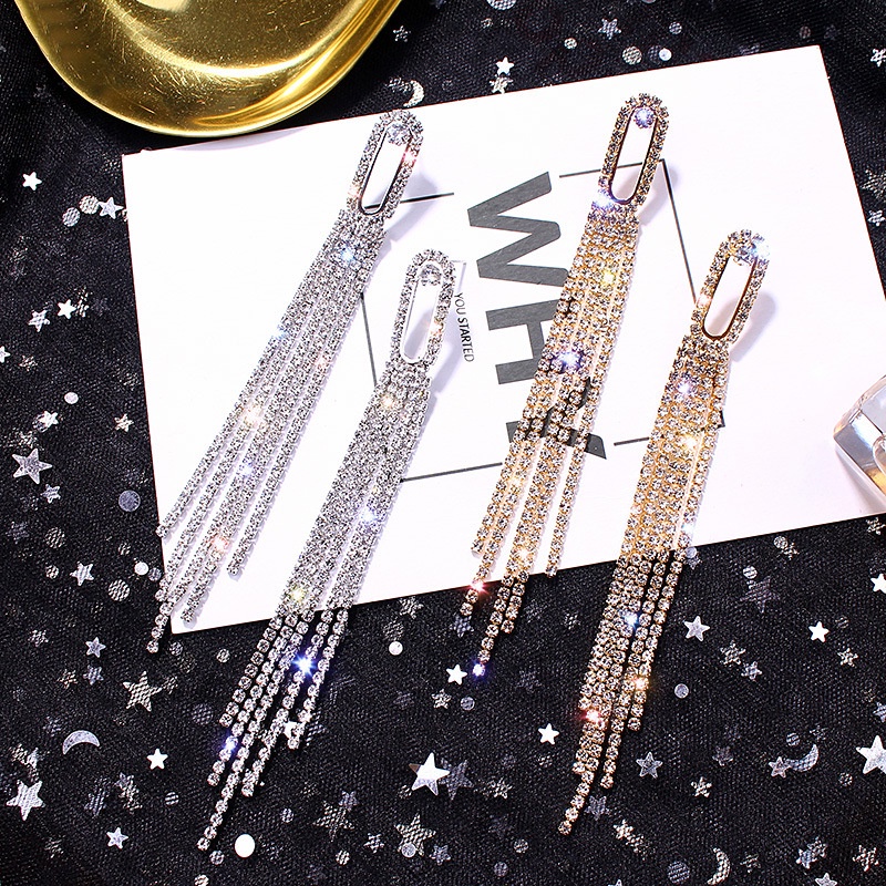 Gold and Silver Rectangle Hollow Geometric Long Tassel Rhinestone Stud Earrings