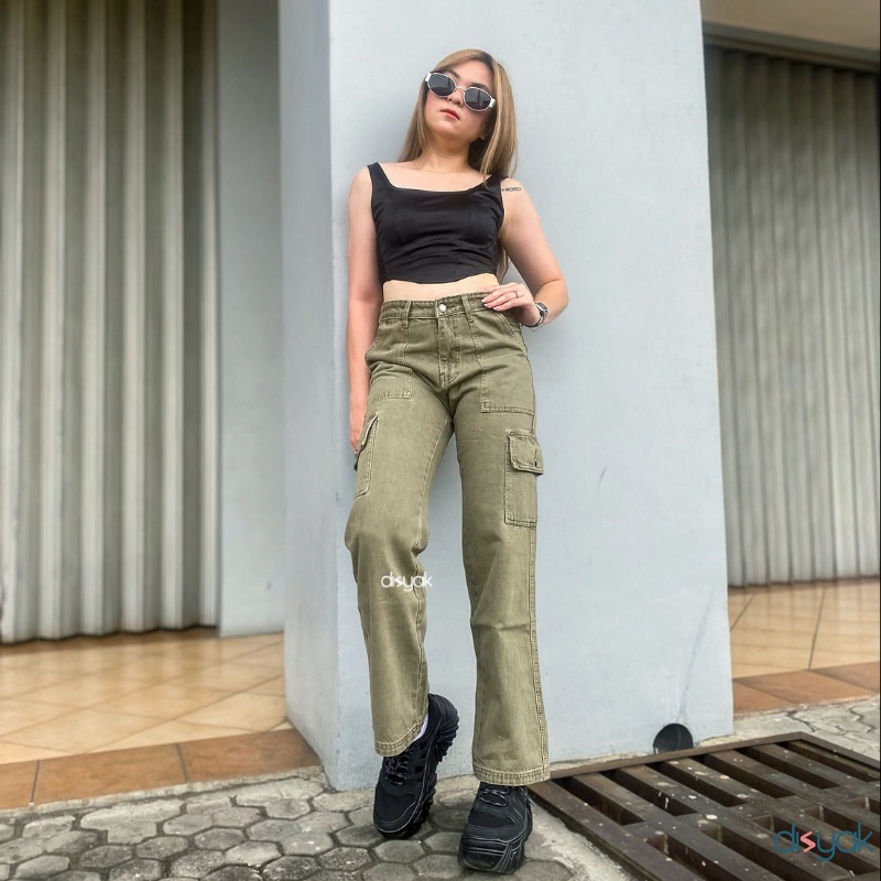 DISYAK - Boyfriend Cargo Jeans Army Brown 714-814