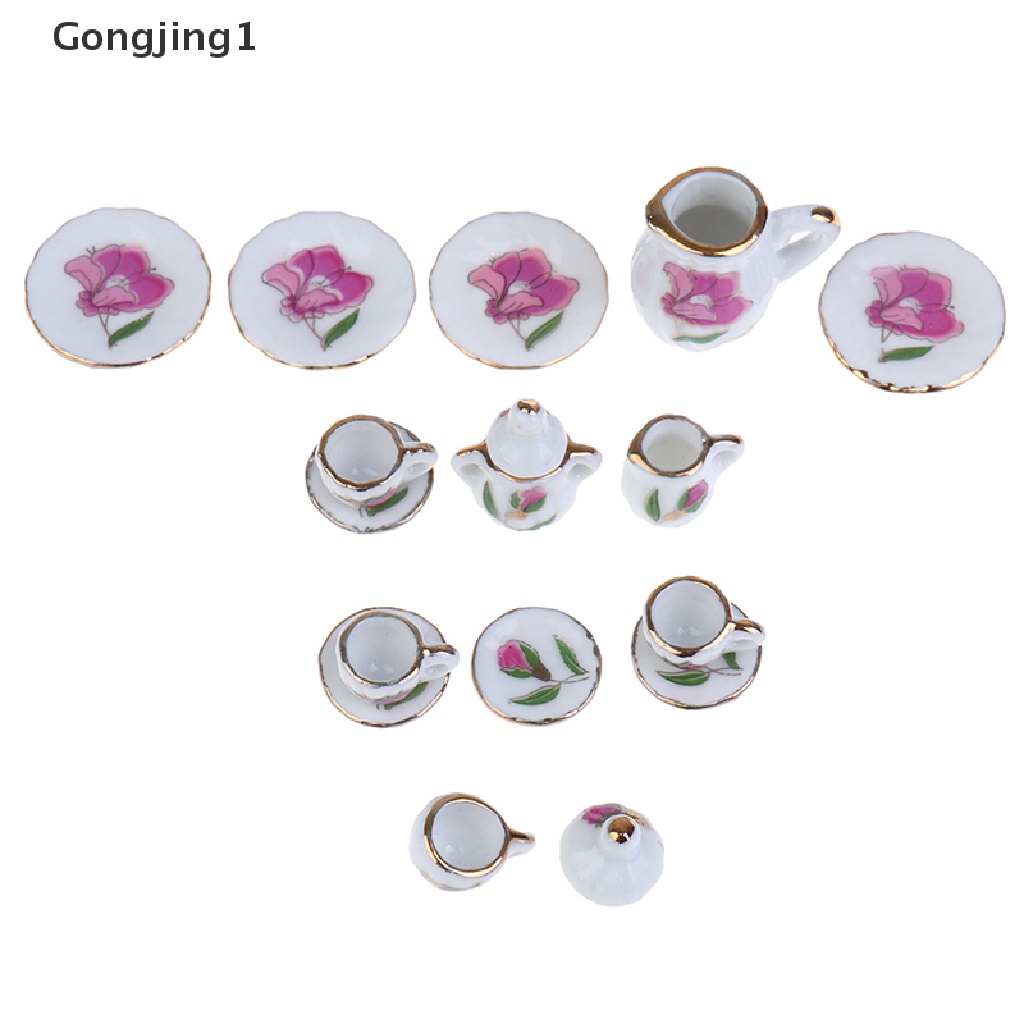 Gongjing1 / 15pcs / Set Mainan Miniatur Piring + Cangkir Keramik Porselen Untuk Aksesoris Rumah Boneka 1: 12