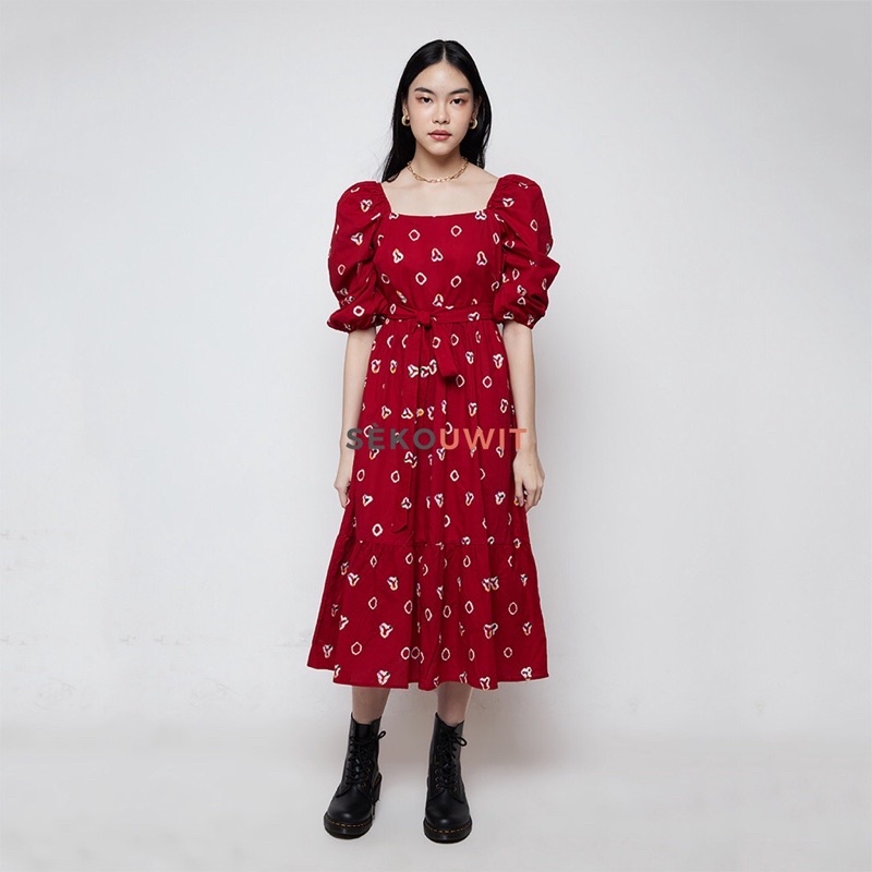 Sekouwit red midi dress motif jumputan NEW