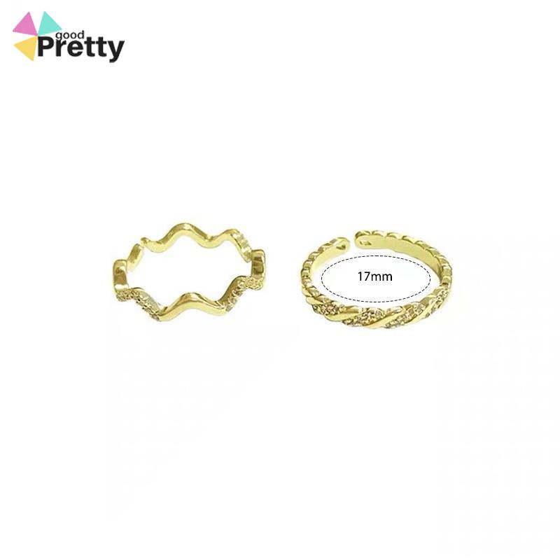 2 PCS Cahaya Mewah Wanita High-end Super Indah Bergaris Gelombang Cincin Pembukaan Temperamen - PD