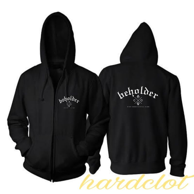 Jaket sweater zepper keren black white logo beholder