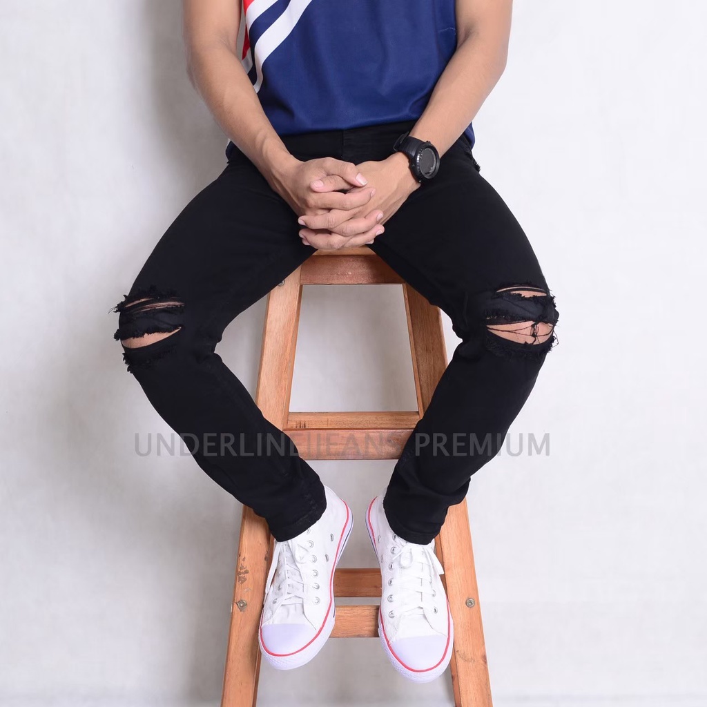 Celana Jeans Pria Sobek Lutut - 2 RIPPED - S, M, L, & XL - Hitam Pekat - Celana Jeans Ripped Lois Je