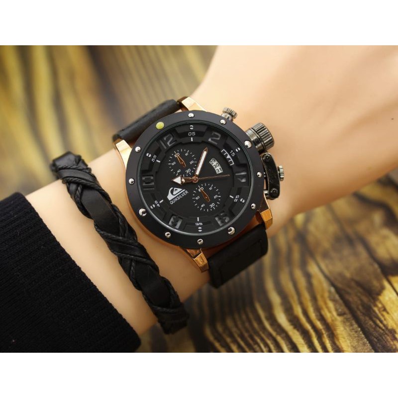JAM TANGAN PRIA QUICKSILVER FREE GELANG STRAP TALI KULIT