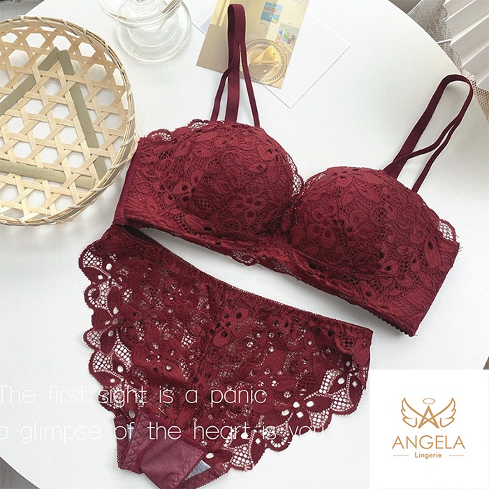 ANGELA JAPAN Bra BH Push Up Set Tanpa Kawat Celana Dalam Olahraga Wanita Cewe Remaja Import Bisa COD-Red Wine