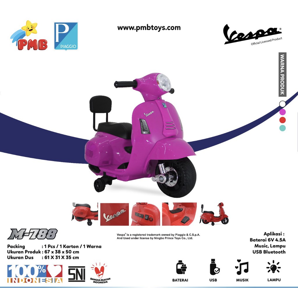 Motor Aki Anak PMB M-788 VESPA OFFICIAL LICENSED Mainan Motor Anak