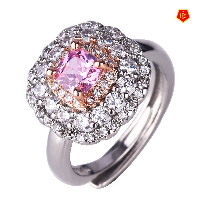 [Ready Stock]New Full Diamond Inlaid Pink Crystal Two-Tone Ring Luxury