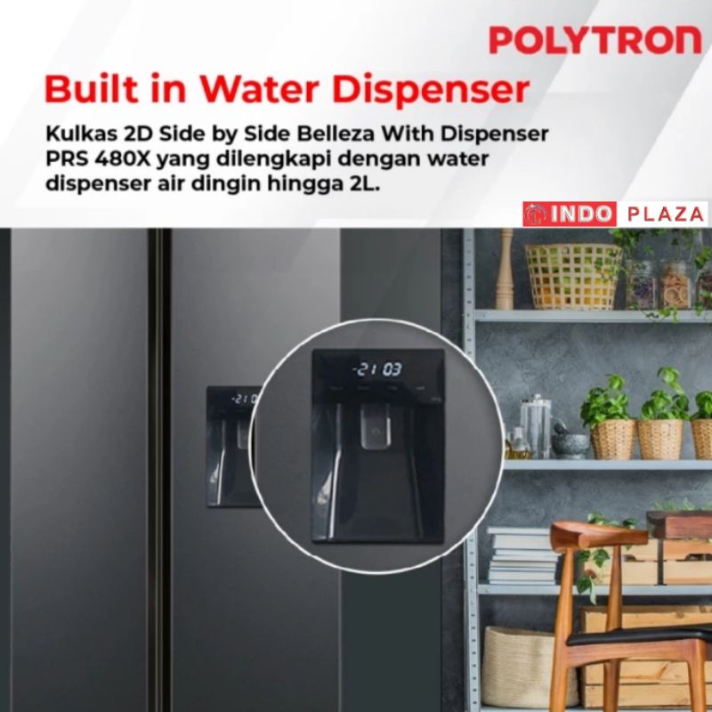 KULKAS POLYTRON SIDE BY SIDE PRS-480X WATER DISPENSER NEW BELLEZA (BLACK GLASS)