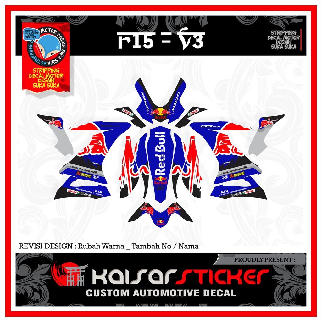 STICKER STRIPING MOTOR STIKER DECAL ALL NEW R15 BIRU RED BULL
