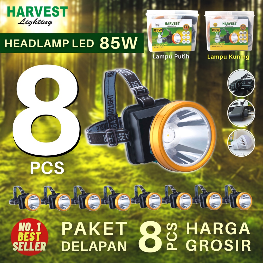 85W - PAKET ISI 8 - Headlamp HARVEST LIGHTING Senter Kepala LED 3000Mah Lampu Emergency Travel Hunting Rechargeable Original  Bergaransi