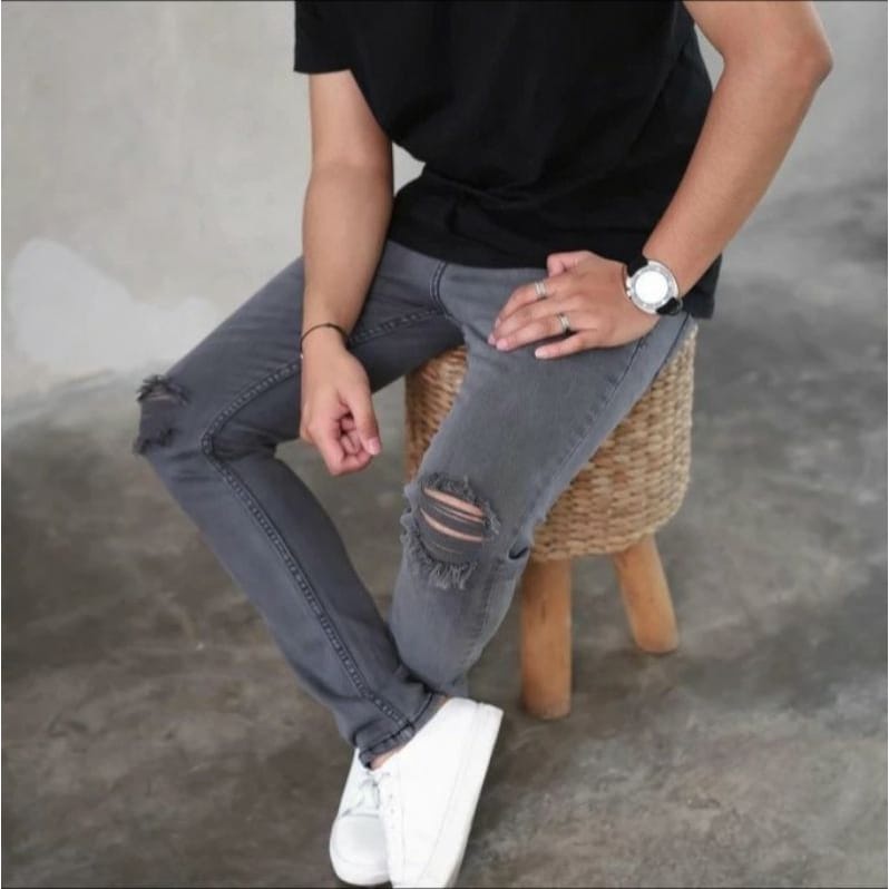 Celana jeans sobek lutut pria ripped jeans softjeans hitam murah melar